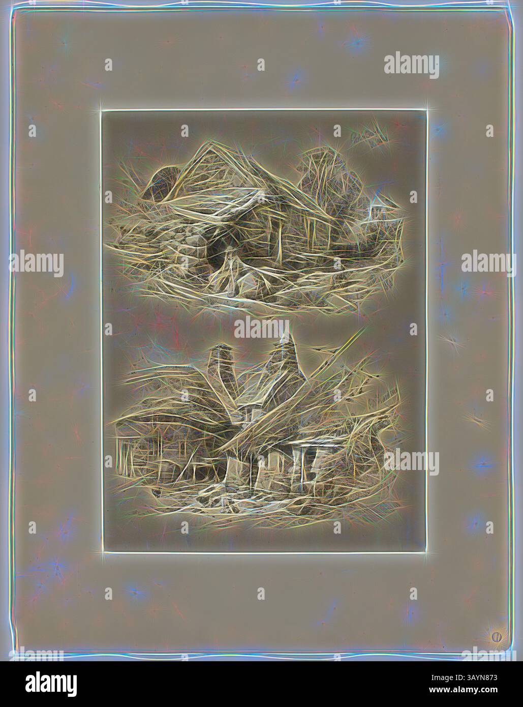 Una rappresentazione testurizzata di due strutture intemprate, circondate da elementi naturali caotici. Le intricate linee suggeriscono il deterioramento e l'età, evocando un senso di memoria e nostalgia. Porto di Clwyd e South Brent, Devon, da pittoresche Selections, 1860, James Duffield Harding, (inglese, 1798-1863), pubblicato da W. Kent and Co., Inghilterra, litografia su carta, 382 x 280 mm (supporto primario), 560 x 430 mm (supporto secondario) Arte classica con un tocco moderno reinventata da Artotop Foto Stock