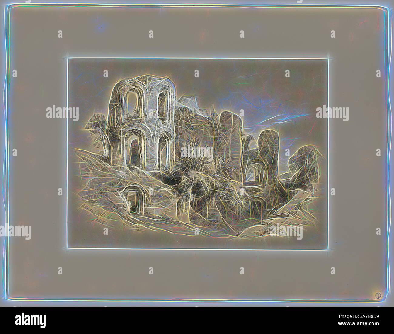 Una misteriosa rappresentazione astratta di antiche rovine intrecciate con alberi, creando un paesaggio etereo inquietante che evoca un senso di storia dimenticata. Bagni Romani a Treves, da pittoresche selezioni, 1860, James Duffield Harding, (inglese, 1798-1863), pubblicato da W. Kent and Co., Inghilterra, litografia su carta, 278 x 384 mm (immagine, supporto primario), 430 x 560 mm (supporto secondario) Arte classica con un tocco moderno reinventata da Artotop Foto Stock