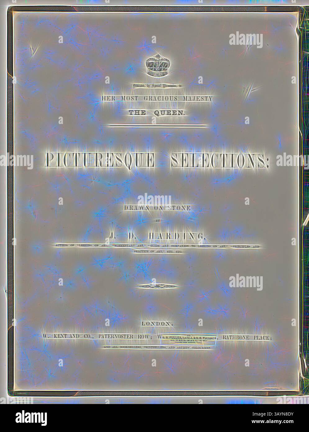 Un frontespizio decorativo con la corona e le parole "sua Maestà la Regina", insieme al titolo "Selezione pittoresca" e al nome dell'artista, J.R. Harding, con un carattere ornato. I dettagli della pubblicazione includono "Londra" e il nome dell'editore, presentato con un design elegante. Selezioni pittoresche: Pagina di testo, da pittoresche selezioni, c. 1860, James Duffield Harding, (inglese, 1798-1863), pubblicato da W. Kent and Co., Inghilterra, Letterpress su carta, 560 x 430 mm Classic art with a Modern twist reimagined by Artotop Foto Stock