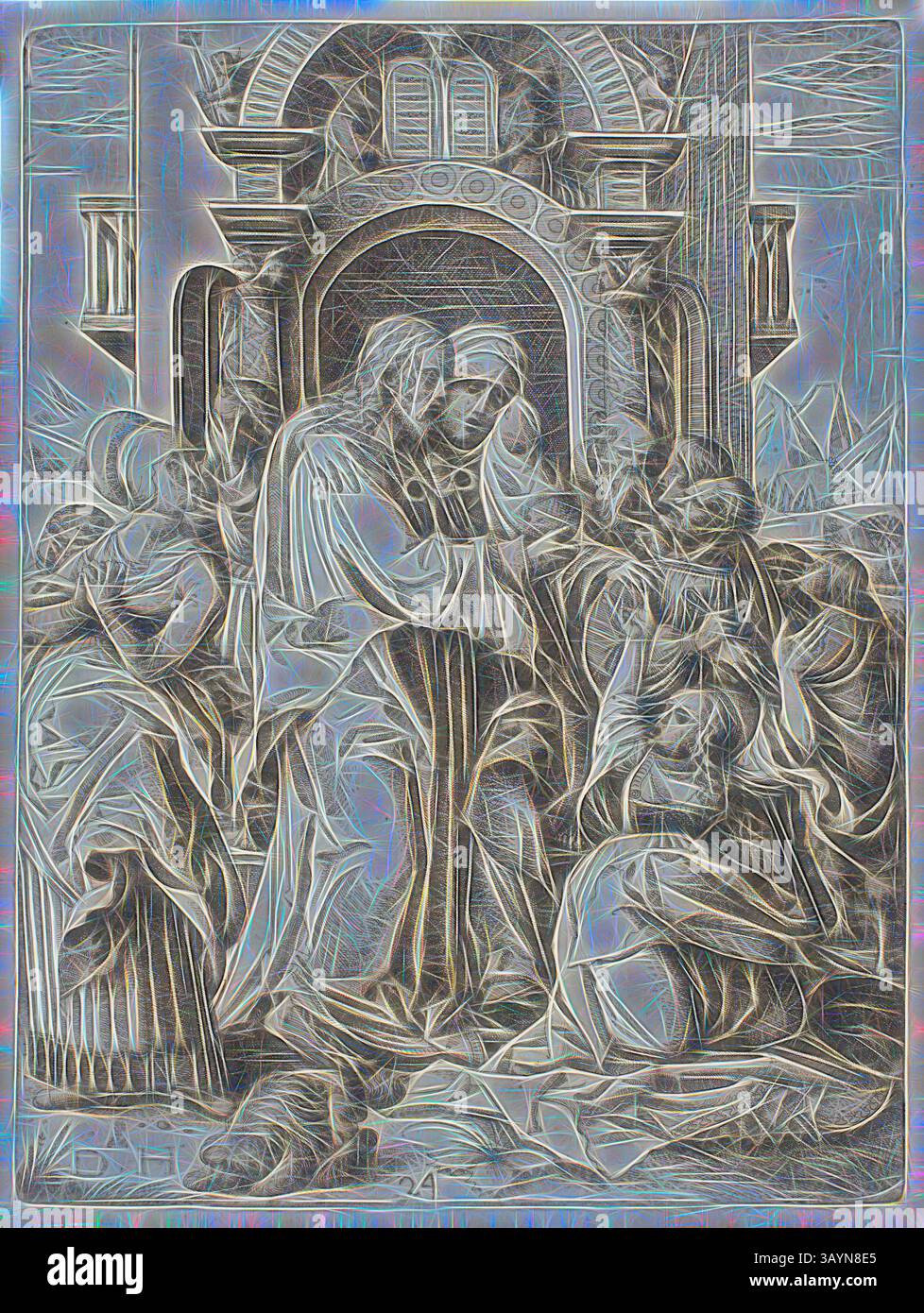 Una dettagliata rappresentazione artistica di una scena biblica, con figure centrali impegnate in un momento di connessione, circondate da un gruppo di osservatori. La composizione mette in evidenza espressioni emotive e gesti intricati, adagiati su uno sfondo architettonico ornato. Jesus Christ Parting from the Virgin to Go and Suffer Death, 1505/36, stampato 1682/1709, Daniel Hopfer, i, tedesco, 1470-1536, Germania, incisione in nero su carta panna posata, 287 x 217 mm (piatto) Arte classica con un tocco moderno reinventata da Artotop Foto Stock