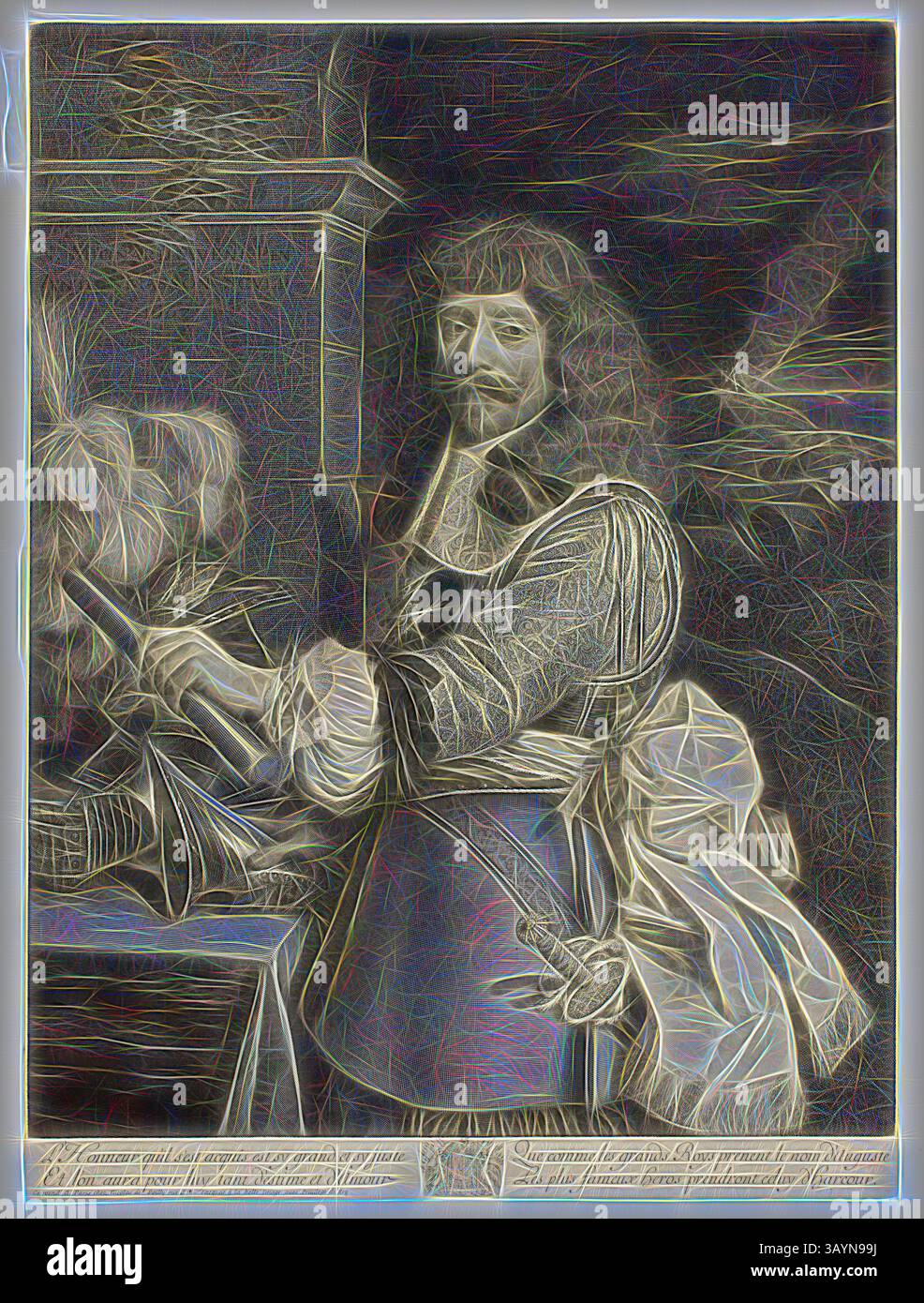 Una figura regale si erge orgogliosamente, decorata con abiti elaborati, con baffi ben curati e un'espressione sicura. Ha un cappello e guarda intensamente, suggerendo un momento di contemplazione o di comando. Lo sfondo presenta trame intricate, che aumentano la profondità della scenografia. Ritratto di Henri de Lorraine, conte d’Harcourt, maestro di cavallo di Francia, 1667, Antoine Masson (francese, 1636-1700), dopo Nicolas Mignard (francese, 1606-1668), Francia, incisione in nero su carta posata in avorio, 547 x 405 mm (immagine), 549 x 406 mm (foglio, rifilato all'interno del segno della piastra) Arte classica con un tocco moderno Foto Stock