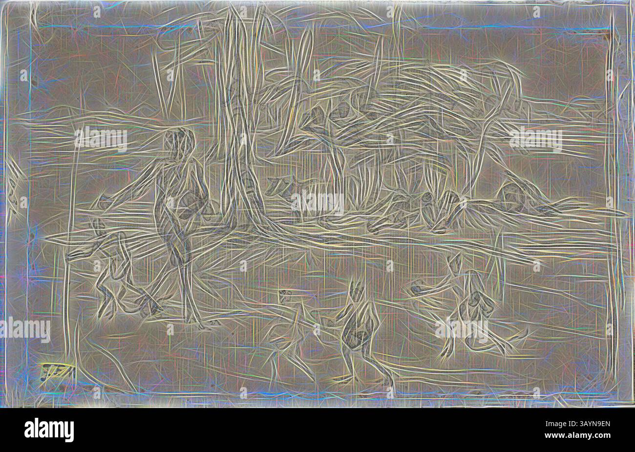 Una scena stravagante raffigurante figure impegnate in varie attività in un contesto naturale, caratterizzato da linee fluide e da una qualità eterea. La composizione suggerisce movimento e interazione, evidenziando l'armonia tra gli individui e il loro ambiente. The Devil Sewing, 1848/52, Jean Francois Millet, francese, 1814-1875, Francia, grafite su carta posato avorio, sbiadita in crema, 135 x 209 mm arte classica con un tocco moderno reinventata da Artotop Foto Stock