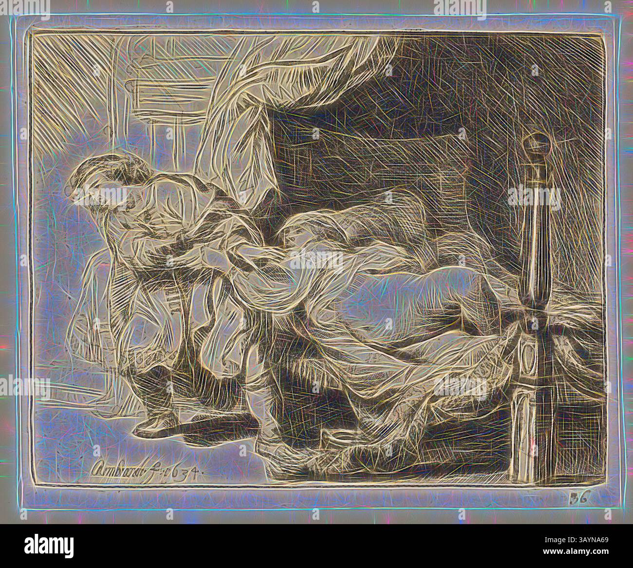 Una scena vivida raffigurante una figura drappeggiata in tessuti fluenti, catturata in un momento di emozione, circondata da una stanza intima e delicatamente illuminata che suggerisce una narrazione di vulnerabilità e desiderio. Moglie di Joseph e Potiphar, 1634 anni, Rembrandt van Rijn, olandese, 1606-1669, Olanda, disincrostazione su carta a buff, 90 x 114 mm (fosforo/piastra), 98 x 120 mm (foglio) Arte classica con un tocco moderno reinventata da Artotop Foto Stock