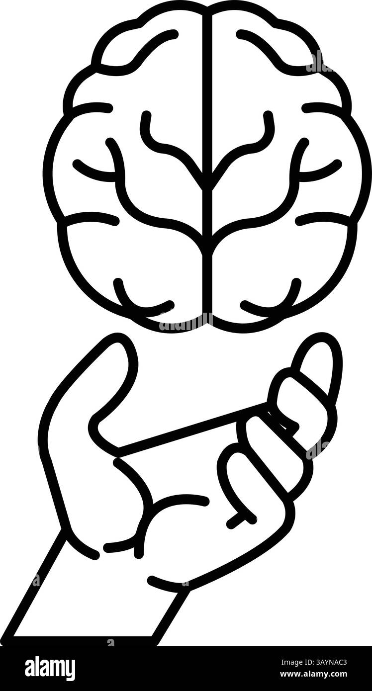 Una mano che tiene un cervello con la metà sinistra e la metà destra arancione Illustrazione Vettoriale