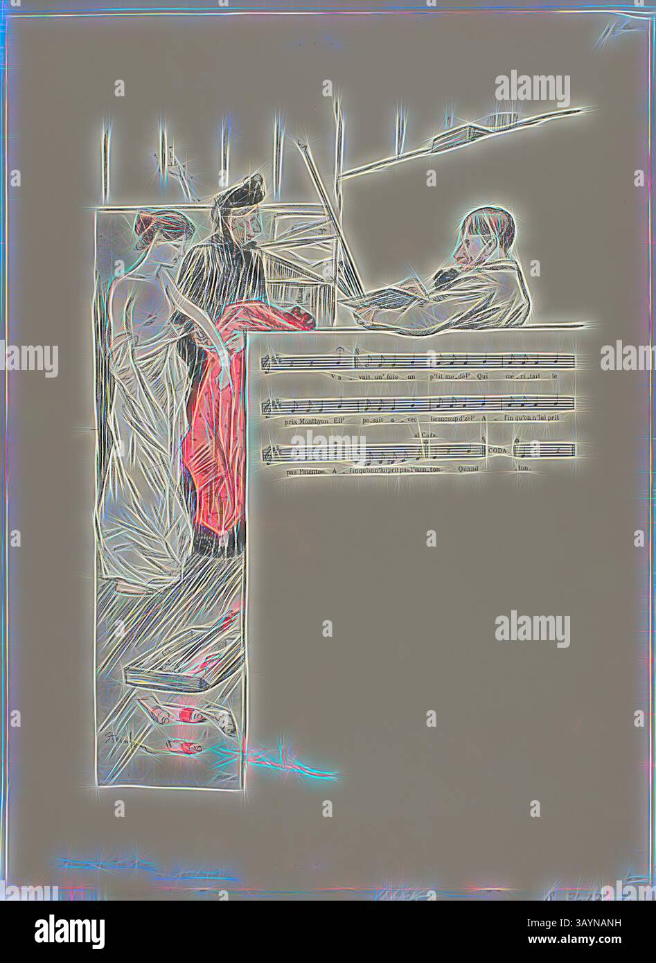 Una scena dinamica con figure in abiti scorrevoli, impegnati in un'interazione drammatica. Una figura sembra presentare qualcosa ad un'altra, mentre un musicista suona sullo sfondo. La composizione complessiva fonde elementi di movimento e arte, trasmettendo un'atmosfera di creatività e coinvolgimento. The Little Model, pubblicato nel 1892–1900, Théophile-Alexandre Steinlen, francese, nato in Svizzera, 1859-1923, Francia, stampa fotorelief in rosso e nero con musica/testi su carta intestata in avorio, 329 x 235 mm (immagine), 420 x 309 mm (foglio) Arte classica con un tocco moderno reinventato da Foto Stock