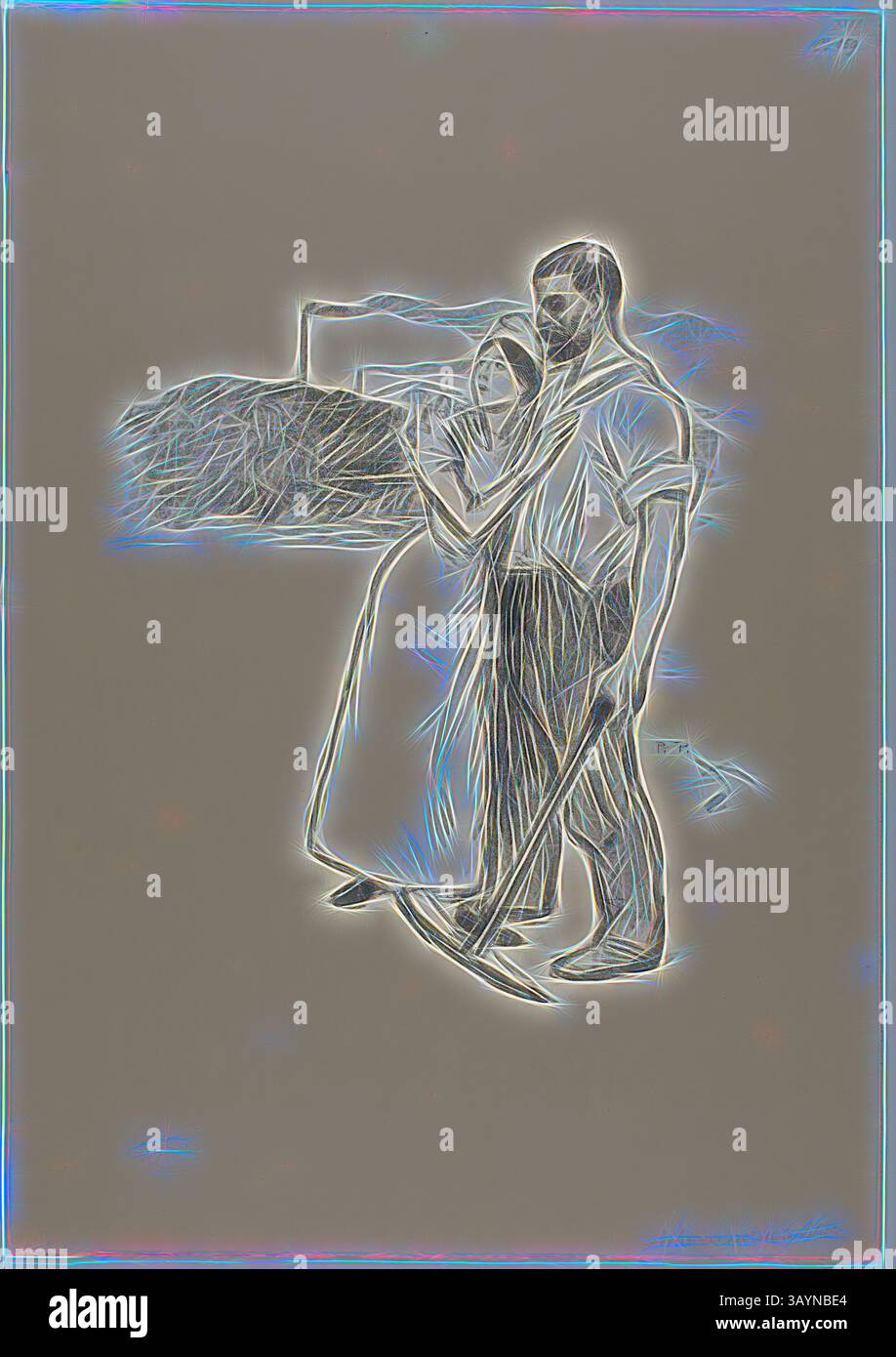 Una coppia sta insieme, abbracciando in un momento sereno, con uno sfondo di un paesaggio che suggerisce duro lavoro e connessione con la terra. L'uomo ha uno strumento che simboleggia il lavoro, mentre la donna guarda con affetto, evocando un senso di unità e uno scopo condiviso. Liberty’s Last Refuge, luglio 1894, Théophile-Alexandre Steinlen, francese, nato in Svizzera, 1859-1923, Francia, litografia in nero su carta intrecciata color crema, 333 x 280 mm (immagine), 548 x 382 mm (foglio) Arte classica con un tocco moderno reinventata da Artotop Foto Stock