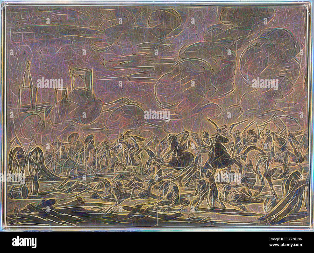 Un campo di battaglia dinamico pieno di soldati impegnati in combattimento, tra nuvole vorticose e paesaggi spettacolari sullo sfondo, catturando il caos e l'intensità della guerra. Cavalry and Artillery Battle, n.d., Style of Jacques Courtois, French, c. 1729-c. 1767, Francia, inchiostro a penna e marrone, pennello e lavaggio nero e grigio, accentuato con il bianco piombo (scolorito), su carta marrone, stilato su carta panna, 427 x 589 mm arte classica con un tocco moderno reinventato da Artotop Foto Stock