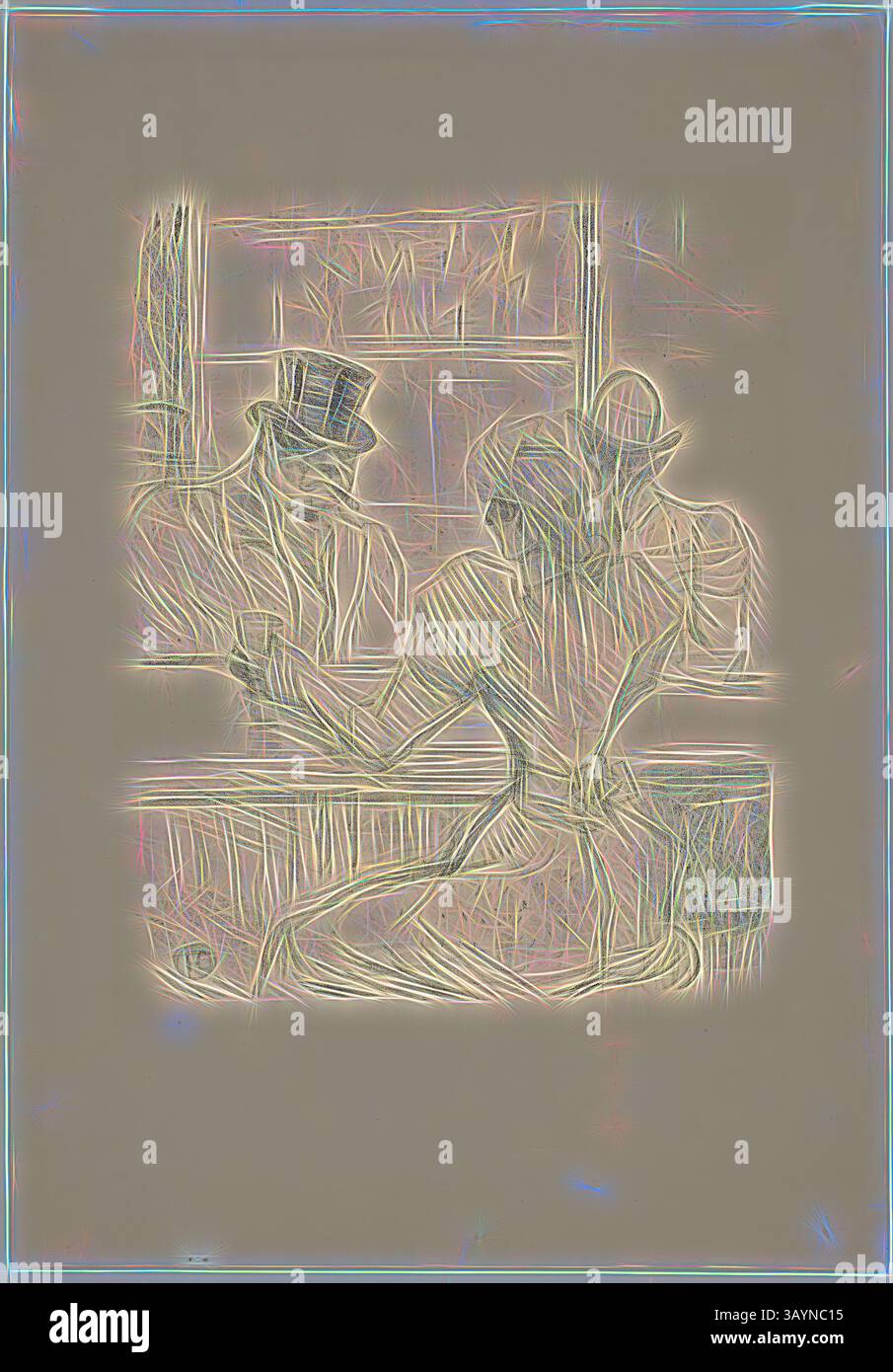 Un gentiluomo con un cappello a cappello parla con una donna elegantemente vestita vicino a una finestra, catturata in uno stile etereo ed artistico che enfatizza il loro intimo scambio. Al Picton Bar (American Bar), rue Scribe, 1896, Henri de Toulouse-Lautrec, francese, 1864-1901, Francia, litografia su carta intrecciata color crema, 297 x 240 mm (immagine), 471 x 329 mm (foglio) Arte classica con un tocco moderno reinventata da Artotop Foto Stock