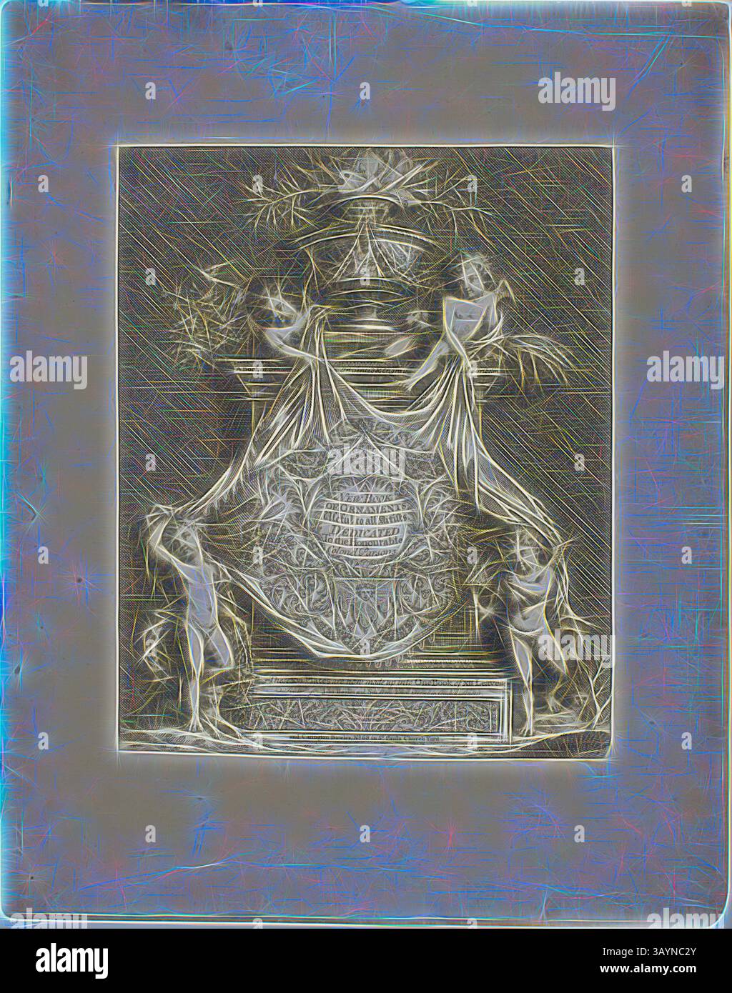Un pezzo decorativo intricato caratterizzato da figure cherubiche che drappeggiano sapientemente il tessuto su un vaso decorato, circondato da eleganti motivi floreali e motivi intricati, creando un senso di eleganza e fantasia. Plate One, from A New Book of Ornaments, 1704, Simon Gribelin II, French, 1661-1733, Francia, incisione su carta posato avorio, 196 x 161 mm (fosforo/piastra), 195 x 233 mm (foglio) Arte classica con un tocco moderno reinventata da Artotop Foto Stock