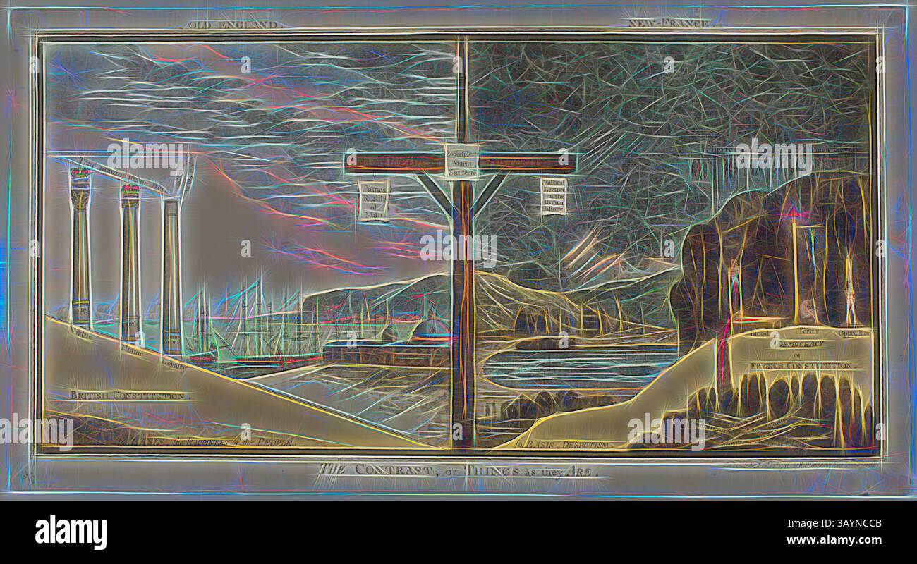 Un paesaggio surreale diviso in due scene contrastanti: A sinistra, grandi colonne si innalzano contro un cielo tempestoso con navi che navigano in lontananza; a destra, una costa serena è incorniciata da scogliere e da un'atmosfera tranquilla, che suggerisce il passare del tempo e le diverse epoche. The Contrast or Things AS They are, pubblicato il 12 novembre 1796, James Gillray (inglese, 1756-1815), pubblicato da Hannah Humphrey (inglese, c. 1745-1818), Inghilterra, incisione colorata a mano su carta, 290 x 583 mm (immagine), 315 x 590 mm (piastra), 330 x 615 mm (foglio) Arte classica con un tocco moderno reinventata da Artotop Foto Stock