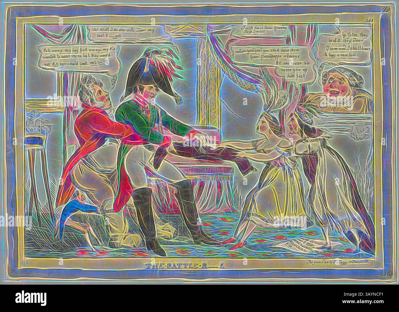 Una rappresentazione di una scena drammatica con una figura in uniforme militare che coinvolge due individui, incorniciata da elementi ornamentali. Le bolle vocali trasmettono tensione ed emozione, suggerendo un conflitto o una negoziazione. La scena è ricca di dettagli e contesto storico, evidenziando interazioni che possono riflettere temi politici. The Battle R—L, pubblicato il 3 giugno 1816, attribuito a William Heath (inglese, 1794-1840), pubblicato da Thomas Tegg (inglese, 1776-1845), Inghilterra, incisione colorata a mano su carta tessuta avorio, 246 x 349 mm (immagine), 252 x 352 mm (foglio, rifilato all'interno del platemark), inglese antico Foto Stock