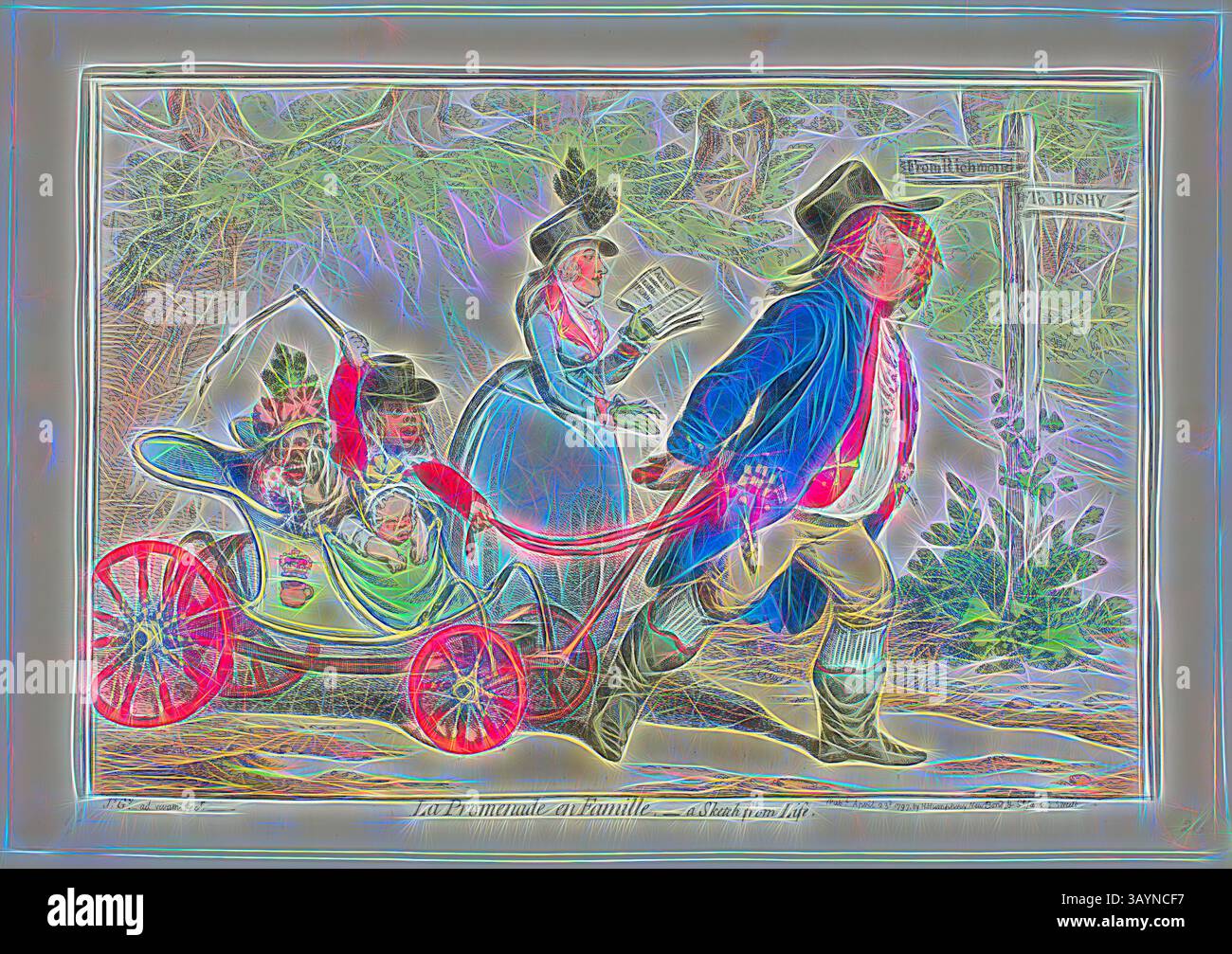 Una scena stravagante presenta un uomo che guida con orgoglio un carrello pieno di bambini mentre una donna con un vestito vivace cammina accanto, tenendo un libro. Percorrono un sentiero segnato da cartelli direzionali, circondati da vegetazione lussureggiante, creando un'atmosfera vivace e leggera. La Promenade en Famille- A Sketch from Life, pubblicato il 23 aprile 1797, James Gillray (inglese, 1756-1815), pubblicato da Hannah Humphrey (inglese, c. 1745-1818), Inghilterra, incisione colorata a mano su carta, 240 x 360 mm (immagine), 255 x 365 mm (piastra), 285 x 405 mm (foglio) Arte classica con un tocco moderno reinventata da Artotop Foto Stock
