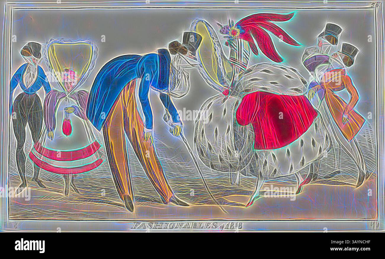 Un gruppo di figure elegantemente vestite si impegna in una vivace scena sociale, mostrando acconciature intricate e abbigliamento alla moda. Le loro posture suggeriscono un'interazione animata, con cappelli vivaci ed elementi decorativi che mettono in risalto il senso di stile dell'epoca. Fashionables of 1818, 1818, George Cruikshank, inglese, 1792-1878, Inghilterra, incisione su carta colorata a mano, 200 x 345 mm (immagine), 213 x 357 mm (foglio) Arte classica con un tocco moderno reinventata da Artotop Foto Stock