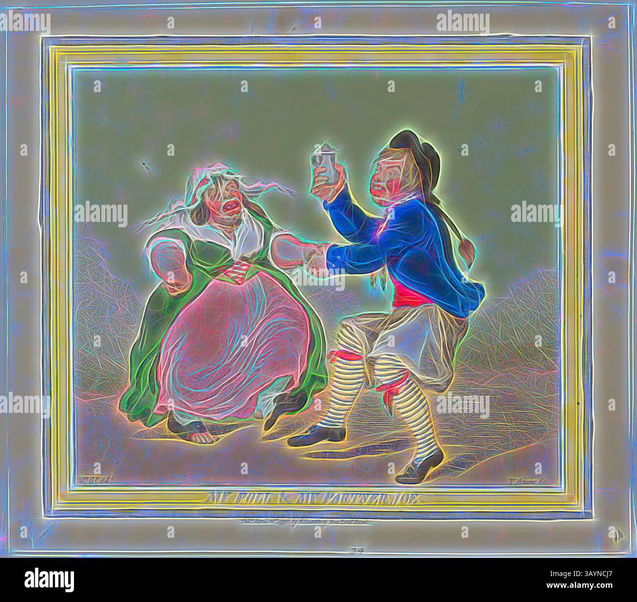 Una coppia si impegna in una vivace danza tradizionale, con la donna in un abito fluente e l'uomo in un gilet e pantaloni a righe, mentre festeggiano con gioia ed energia. Lo sfondo suggerisce un'atmosfera festosa, che esalta la vivace scena. My poll and My Partner Joe, pubblicato il 18 aprile 1796, James Gillray (inglese, 1756-1815), pubblicato da Hannah Humphrey (inglese, c. 1745-1818), Inghilterra, incisione in marrone scuro, con colorazione a mano e stipling, su carta tessuta crema, 245 x 281 mm (immagine), 281 x 320 mm (piatto/foglio) Arte classica con un tocco moderno reinventata da Artotop Foto Stock