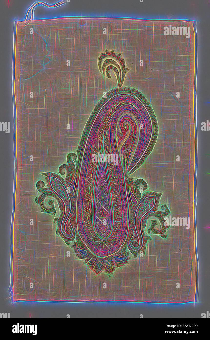 Un sofisticato design paisley caratterizzato da motivi vorticosi e motivi dettagliati, impreziosito da vivaci contorni al neon che aggiungono un tocco moderno a una forma d'arte classica. La composizione complessiva trasuda un'estetica ricca e ornata. Frammento (From a Shawl), c. 1835, India, India, Wool, tappezzeria in twill, 41,2 x 26,7 cm (1/4 x 1/2 pollici) Arte classica con un tocco moderno reinventata da Artotop Foto Stock