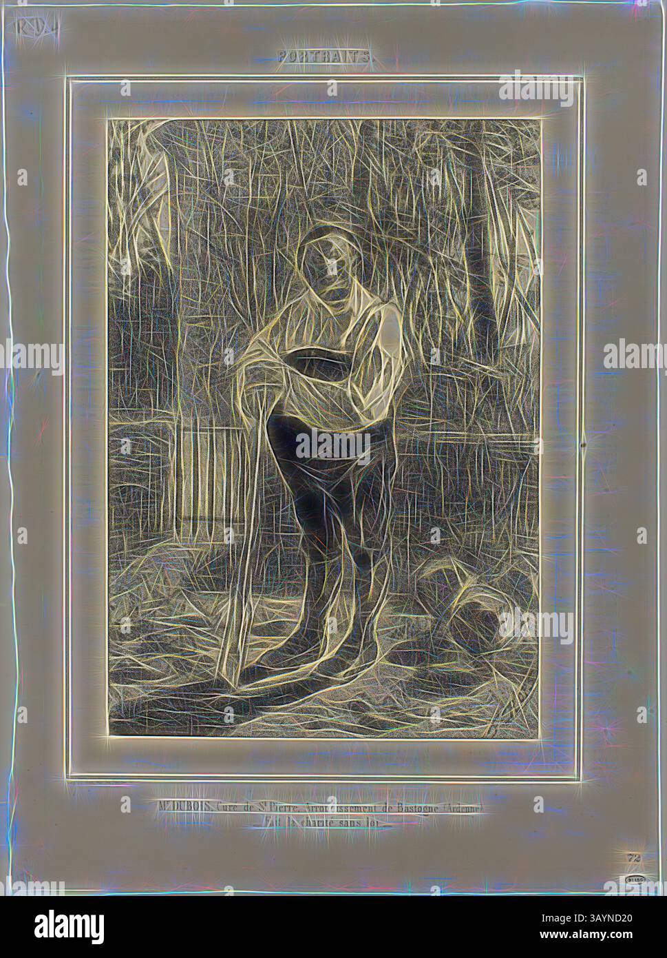 Una figura solitaria si trova in una posa contemplativa, circondata da elementi astratti che suggeriscono un ambiente naturale. L'opera d'arte trasmette un senso di introspezione, con linee testurizzate e ombre che esaltano l'atmosfera. Il soggetto sembra impegnato in un momento di riflessione, suggerendo una narrazione più profonda. Ritratto di Monsieur Dubois, a cura di St. Pierre…, 1857, Félicien ROPS (belga, 1833-1898), stampato da Philippe Ham, Belgio, litografia in nero (con stampa su verso) su carta avorio, 289 x 202 mm (immagine), 414 x 307 mm (foglio) Arte classica con un tocco moderno reinventata da Artotop Foto Stock