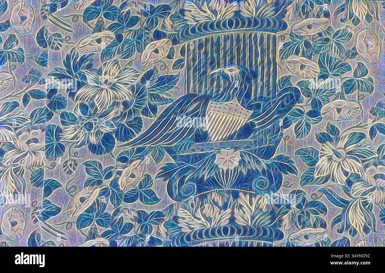 Un design decorativo caratterizzato da un intricato motivo di fogliame e fiori, con una figura centrale di un'aquila che regge uno scudo, il tutto reso in varie sfumature di blu. Pannello (tessuto per arredamento), 1830/40, Inghilterra, cotone, intreccio semplice, blocco stampato, 222,3 x 211,5 cm (87 1/2 x 83 1/4 pollici) Arte classica con un tocco moderno reinventata da Artotop Foto Stock