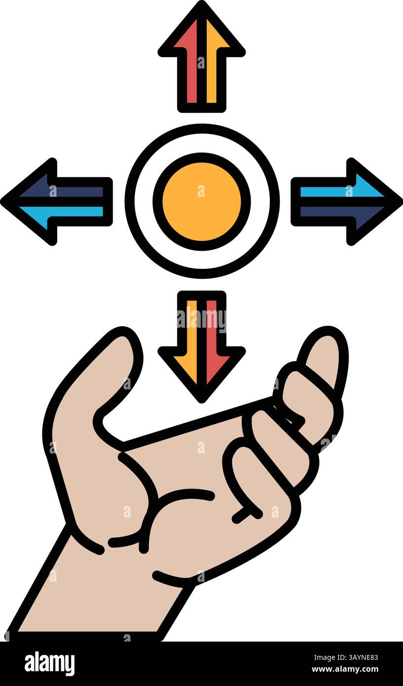 Una mano regge una moneta con quattro frecce che puntano in direzioni diverse. Concetto di percorsi o scelte multipli e l'importanza di realizzare il carro Illustrazione Vettoriale