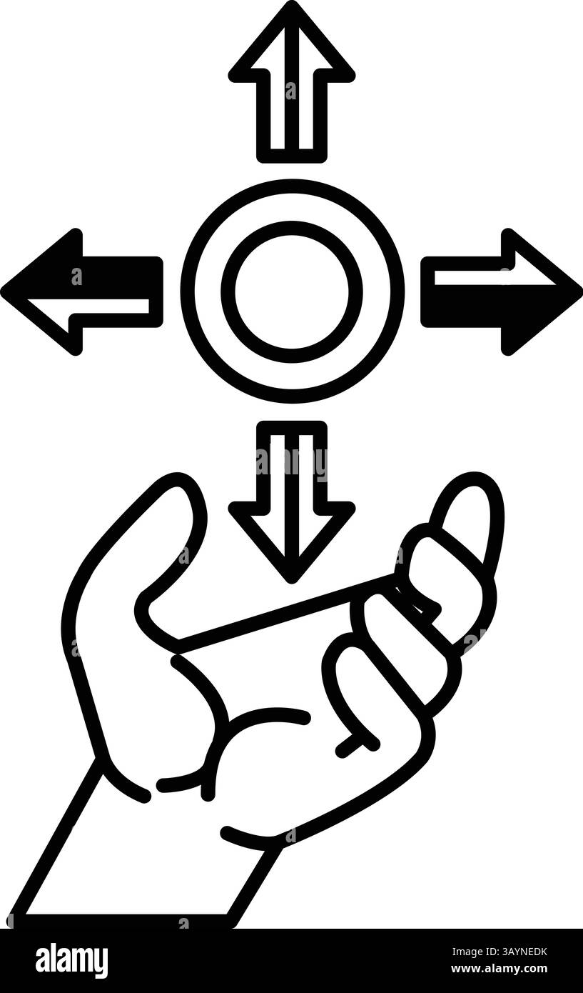 Una mano regge una moneta con quattro frecce che puntano in direzioni diverse Illustrazione Vettoriale
