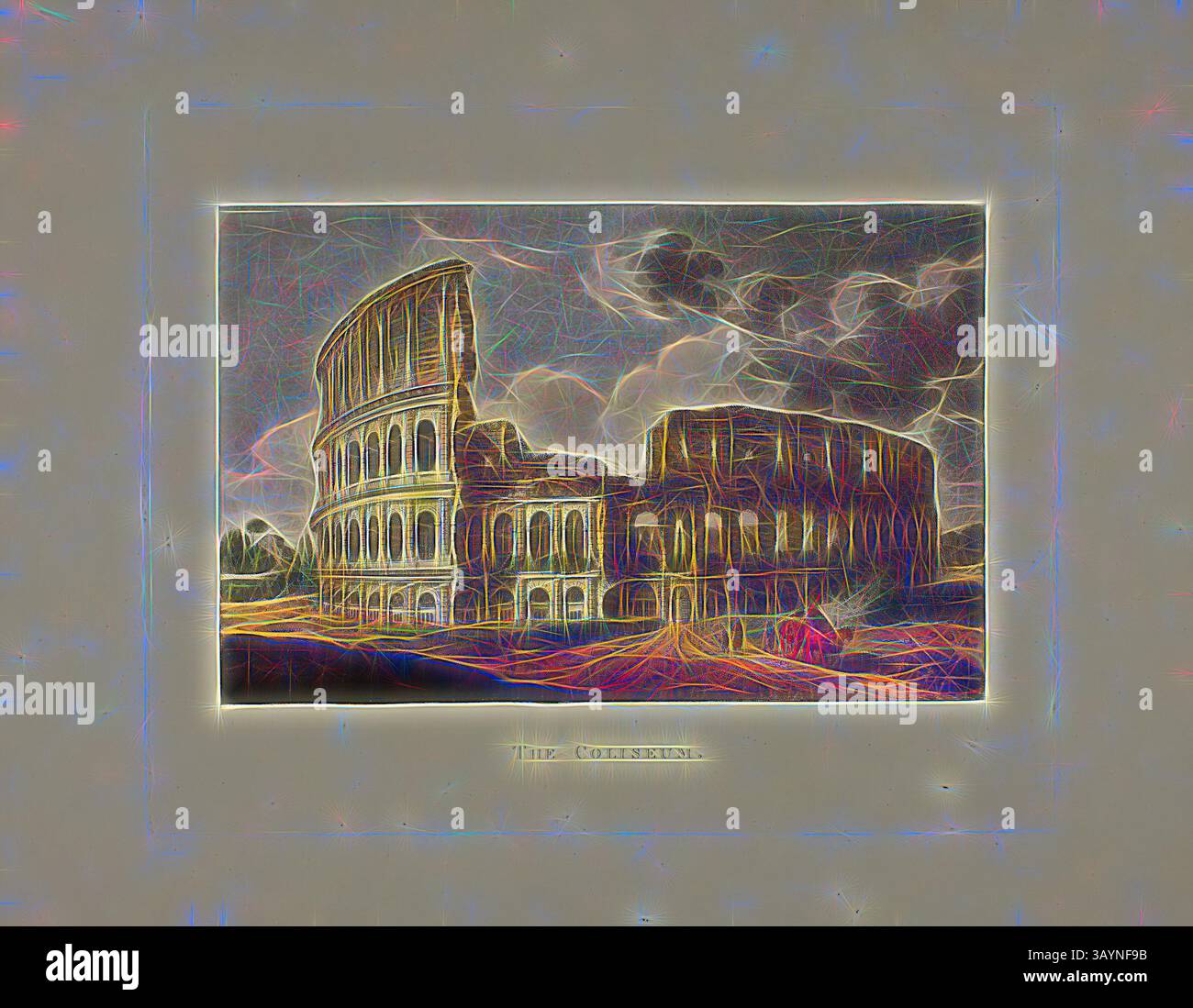 Una rappresentazione stilizzata del Colosseo, che mostra la sua architettura iconica contro un cielo spettacolare, con linee e colori vivaci che ne esaltano la grandezza. Il Colosseo, targa quindici delle rovine di Roma, pubblicato il 1796/98, M. Dubourg, (inglese, attivo 1786-1838), pubblicato da J. Merigot (Italiano, sconosciuto), Inghilterra, acquatinta colorata a mano su carta, 330 x 448 mm (foglio) Arte classica con un tocco moderno reinventata da Artotop Foto Stock