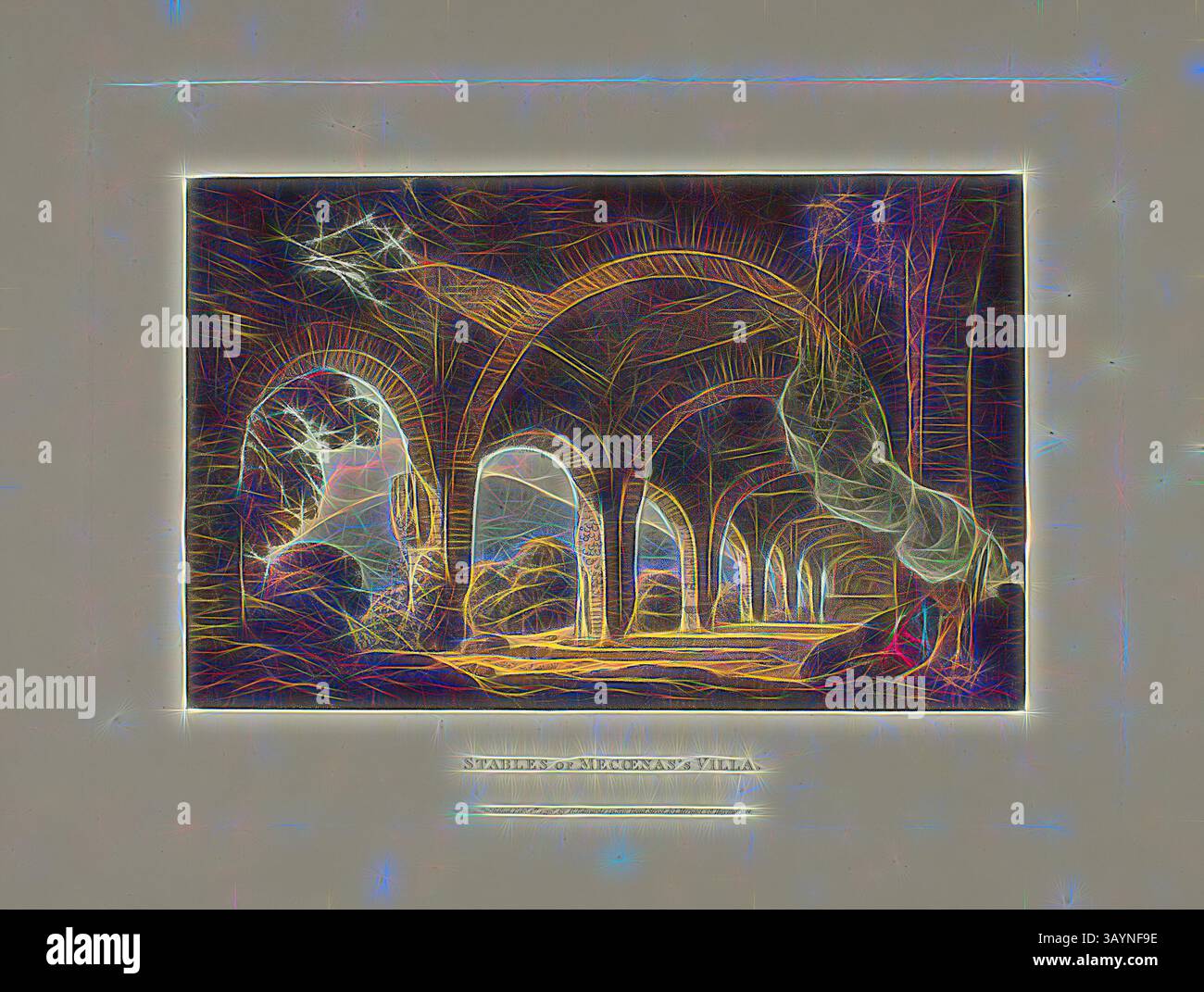 Un tranquillo spazio sotterraneo presenta archi maestosi, illuminati da una luce soffusa che proietta ombre delicate. L'atmosfera evoca un senso di tranquillità, arricchito da tessuti fluenti e da un delicato gioco di luce e buio. Scuderie della Villa di Meccena, piatto undici dalle rovine di Roma, pubblicato il 1° febbraio 1798, M. Dubourg, Active 1786-1838), pubblicato da J. Merigot (Italiano, sconosciuto), Inghilterra, acquatinta colorata a mano su carta, 330 x 448 mm (foglio) Arte classica con un tocco moderno reinventata da Artotop Foto Stock