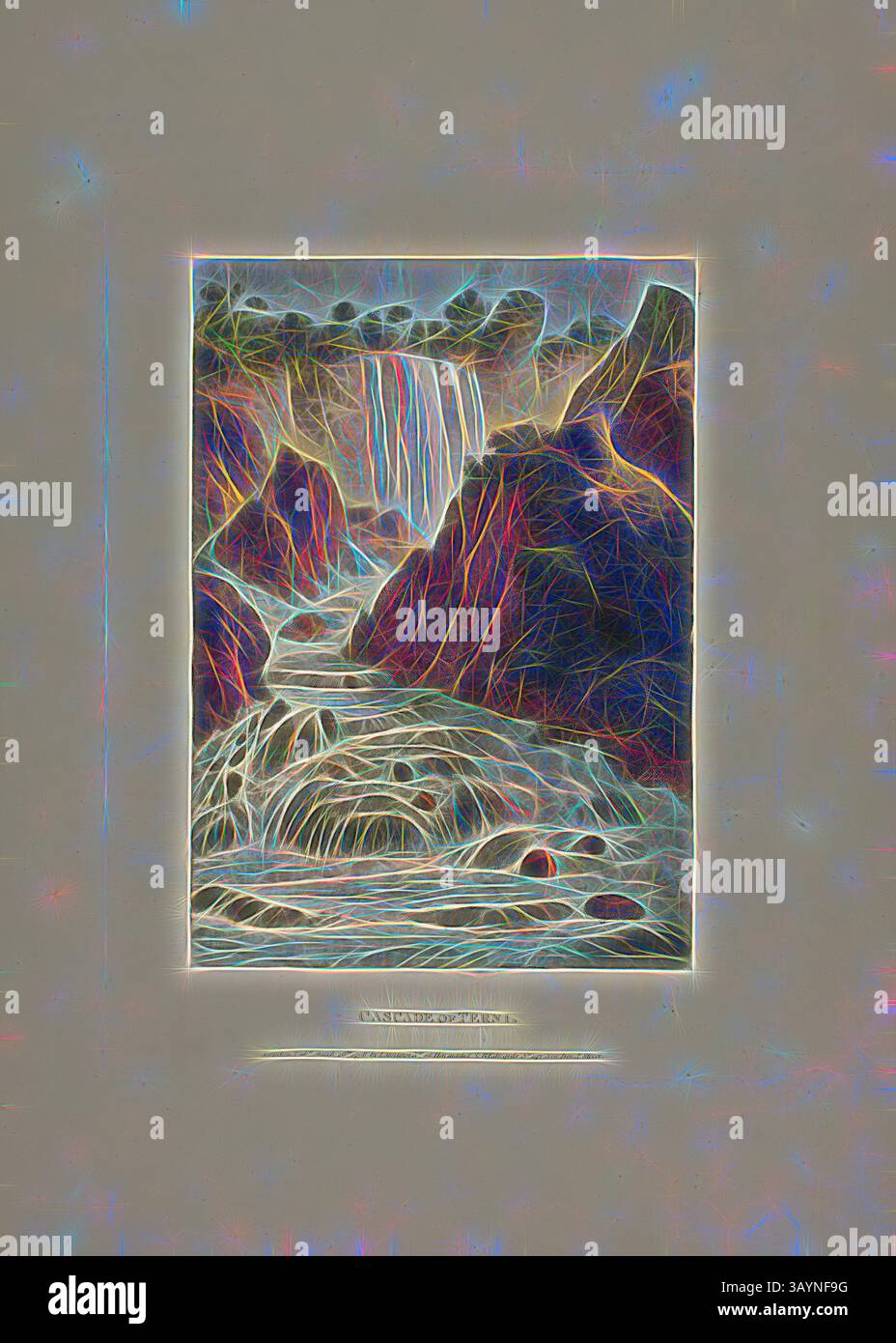 Una serena cascata scende lungo formazioni rocciose, circondate da acqua fluente che si snoda attraverso pietre lisce, creando una tranquilla e armoniosa scena naturale. Cascade of Terni, tavola quattordici dalle rovine di Roma, pubblicato il 28 marzo 1798, M. Dubourg, (italiano, Active 1786-1838), pubblicato da J. Merigot (Italiano, sconosciuto), Inghilterra, acquatinta colorata a mano su carta, 448 x 330 mm (foglio) Arte classica con un tocco moderno reinventata da Artotop Foto Stock