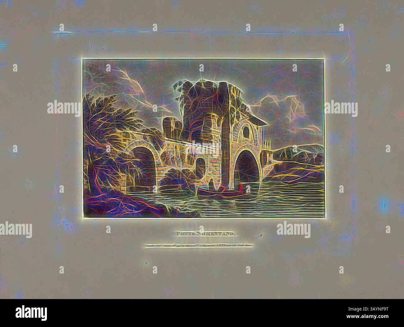 Un'intricata struttura architettonica caratterizzata da un ponte e una torre, circondata da acqua fluente e da paesaggi ondulati, illuminata da un'aura onirica ed eterea. Ponte Nomentano, piatto ventisette da rovine di Roma, pubblicato il 28 marzo 1798, M. Dubourg, (italiano, Active 1786-1838), pubblicato da J. Merigot (Italiano, sconosciuto), Inghilterra, acquatinta colorata a mano su carta, 330 x 448 mm (foglio) Arte classica con un tocco moderno reinventata da Artotop Foto Stock