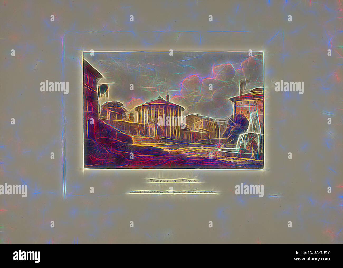 Un tranquillo paesaggio che raffigura una classica piazza cittadina, caratterizzata da edifici eleganti, una fontana e spettacolari nuvole nel cielo, il tutto reso con colori vivaci e vorticosi e una qualità da sogno. Tempio di Vesta, piatto diciannove dalle rovine di Roma, pubblicato il 1° ottobre 1796, M. Dubourg, Active 1786-1838), pubblicato da J. Merigot (Italiano, sconosciuto), Inghilterra, acquatinta colorata a mano su carta, 330 x 448 mm (foglio) Arte classica con un tocco moderno reinventata da Artotop Foto Stock