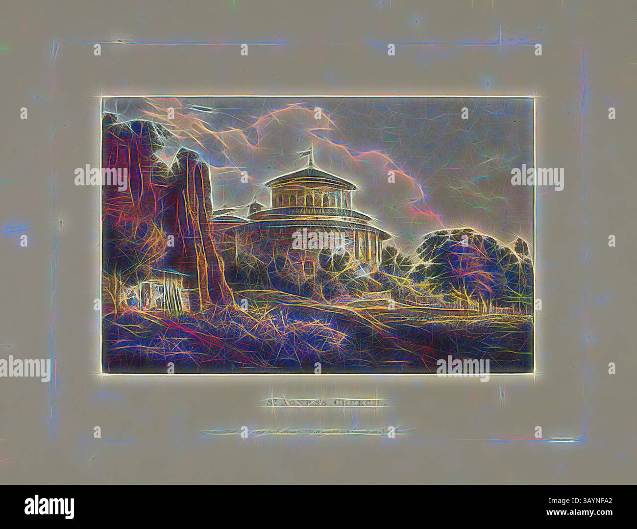 Una rappresentazione stilizzata di una chiesa, adagiata su un cielo spettacolare con nuvole vorticose e alberi circostanti, trasuda una qualità eterea e vibrante. Chiesa di Sant'Agnese, placca otto dalle rovine di Roma, pubblicato il 4 agosto 1796, M. Dubourg, (inglese, Active 1786-1838), pubblicato da J. Merigot (Italiano, sconosciuto), Inghilterra, acquatinta colorata a mano su carta, 330 x 448 mm (foglio) Arte classica con un tocco moderno reinventata da Artotop Foto Stock