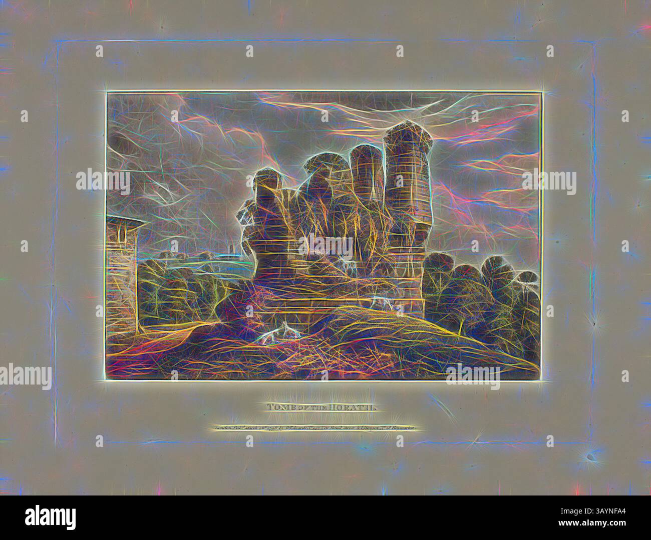 Una rappresentazione astratta di una rovina intemprata circondata da vegetazione lussureggiante, con torreggianti formazioni rocciose e contorni testurizzati che creano un senso di profondità e intrigo. Illuminata delicatamente, la scena evoca un'atmosfera misteriosa e onirica. Tomba di Horath, placca sei delle rovine di Roma, pubblicato il 28 marzo 1798, M. Dubourg, (inglese, Active 1786-1838), pubblicato da J. Merigot (Italiano, sconosciuto), Inghilterra, acquatinta colorata a mano su carta, 330 x 448 mm (foglio) Arte classica con un tocco moderno reinventata da Artotop Foto Stock