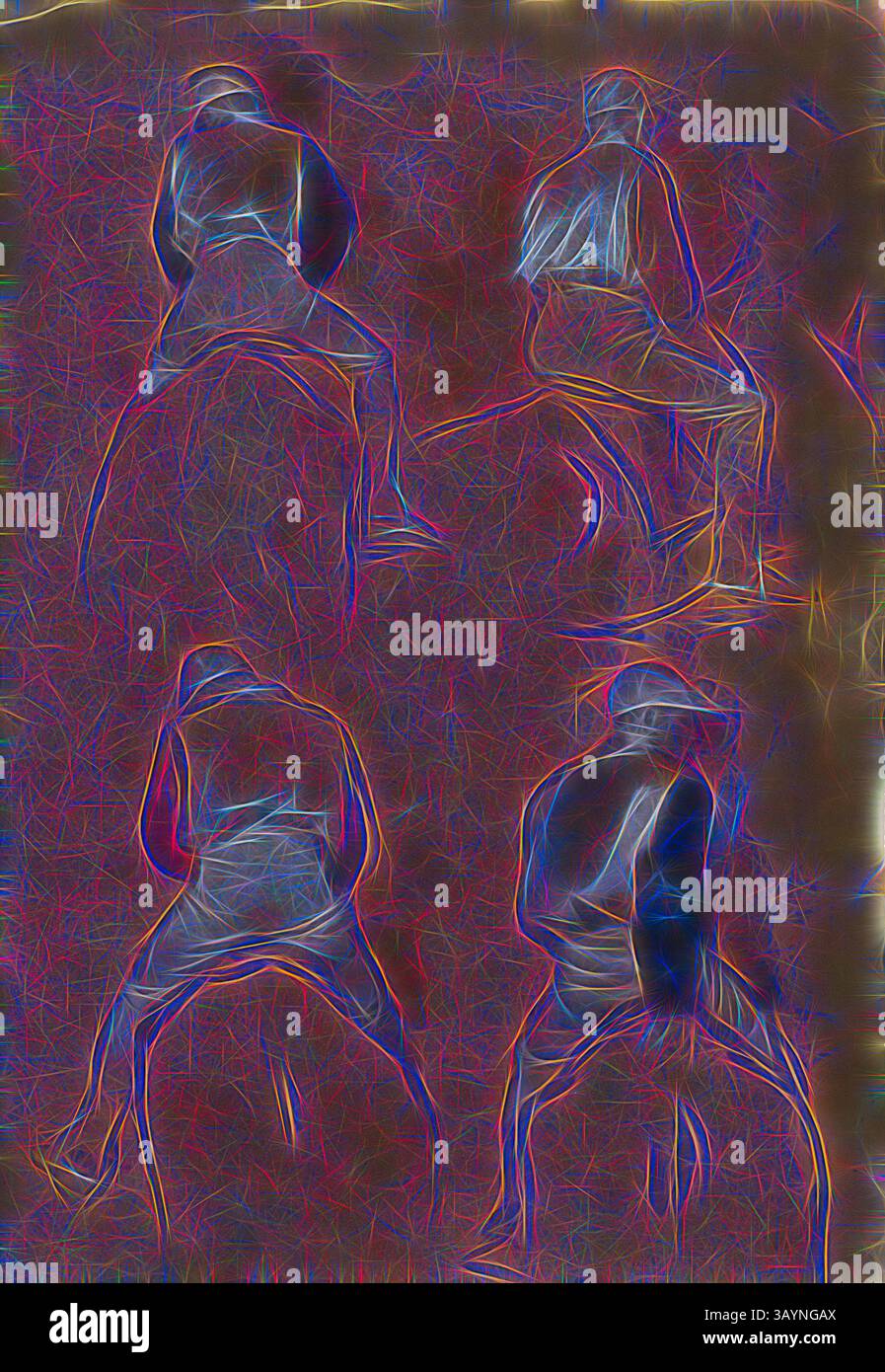 Una serie di figure stilizzate, ciascuna in una posa contemplativa, evidenziano l'eleganza della forma e del movimento umano. Le forme trasmettono un senso di introspezione e serenità, invitando a riflettere sul legame tra corpo ed emozione. Four Studies of a Jockey, 1866, Edgar Degas, francese, 1834-1917, Francia, spazzola con inchiostro nero, vernice a olio e gouache bianco, su carta tessuta marrone scolorita con essenza marrone, posata su tavola panna, 453 x 316 mm arte classica con un tocco moderno reinventata da Artotop Foto Stock