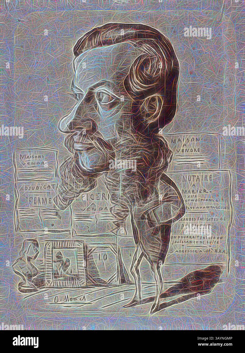 Ritratto stilizzato di un uomo con barba e baffi prominenti, su uno sfondo di cartelli con vari nomi e titoli. La figura appare premurosa, trasuda un senso di carattere e profondità. Caricatura di Léon Manchon, c. 1858, Claude Monet, francese, 1840-1926, Francia, carbone, con intaglio e accresciuto con gesso bianco, su carta blu (parzialmente scolorita in grigio giallastro), 612 x 452 mm arte classica con un tocco moderno reinventata da Artotop Foto Stock