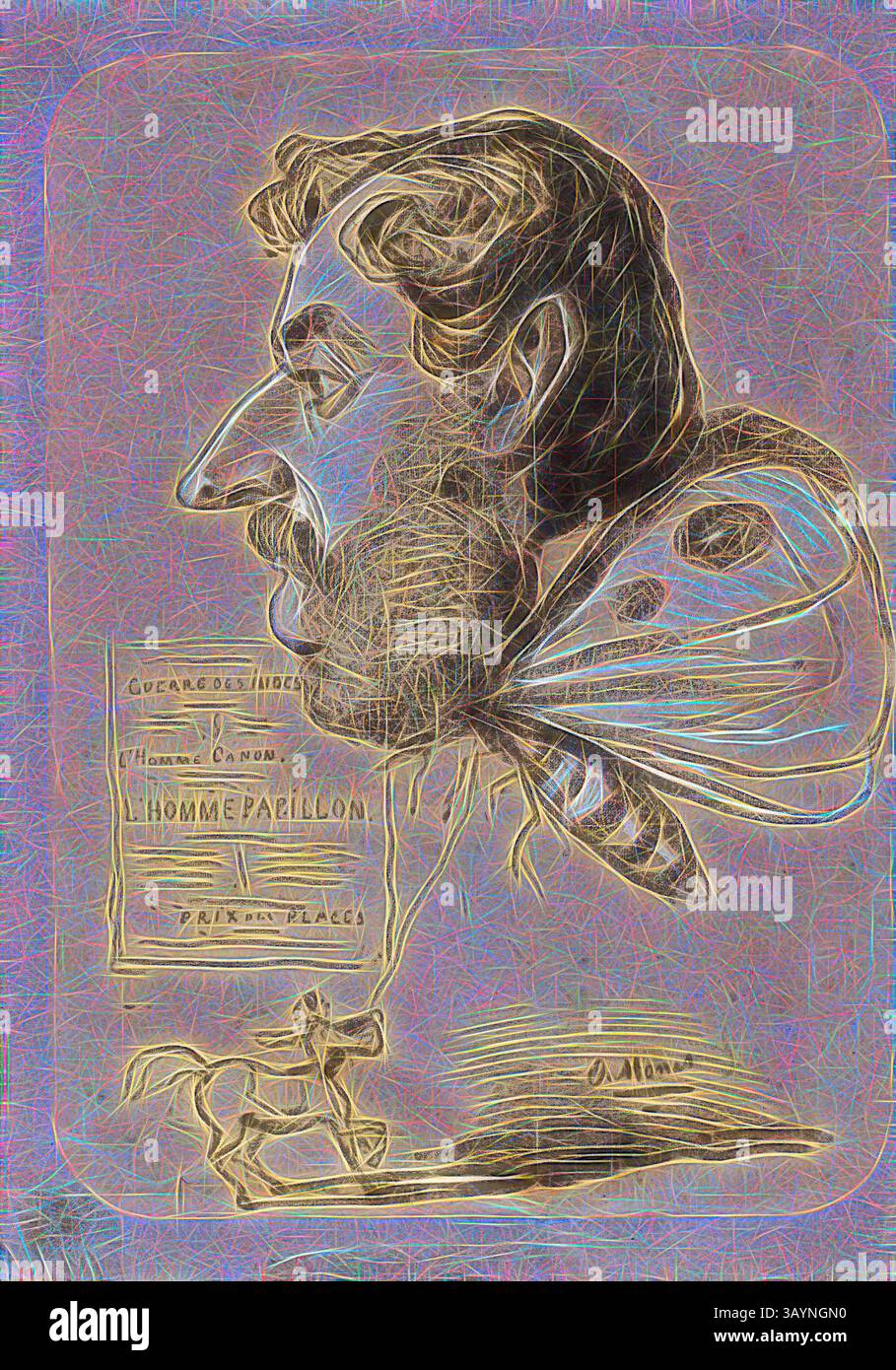 Un ritratto stilizzato di un uomo con baffi prominenti e caratteristiche profonde, completato da una sciarpa stravagante. Sopra di lui c'è un libro intitolato "l'Homme Faillon", e una figura a cavallo aggiunge un elemento giocoso alla scena. La composizione complessiva è caratterizzata da colori vivaci e motivi complessi. Caricatura di Jules Didier (Butterfly Man), c. 1858, Claude Monet, francese, 1840-1926, Francia, carbone, accresciuto di gesso bianco, con macchie, su carta blu posata (scolorita in marrone chiaro), 616 x 436 mm arte classica con un tocco moderno reinventata da Artotop Foto Stock