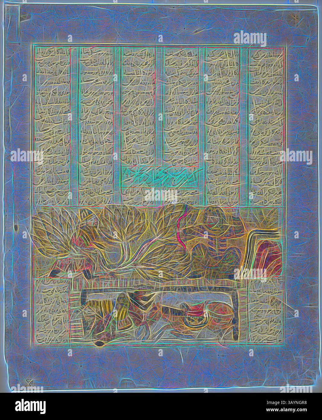 Una rappresentazione astratta caratterizzata da fantasie intricate che ricordano la calligrafia, intrecciate con motivi floreali e colori vivaci che creano un armonioso mix di natura e arte. Rustam che uccide lo sciacallo, dalla Shahnama di Firdausi, dinastia Ilkhanide (1256–1353), datata 1341, Iran, Shiraz, Iran, inchiostro e acquerello opaco su carta, immagine: 30 x 25,3 cm (11 13/16 x 9 15/16 pollici), carta: 37,1 x 30,2 cm (14 5/8 x 11 7/8 pollici) Arte classica con un tocco moderno reinventata da Artotop Foto Stock