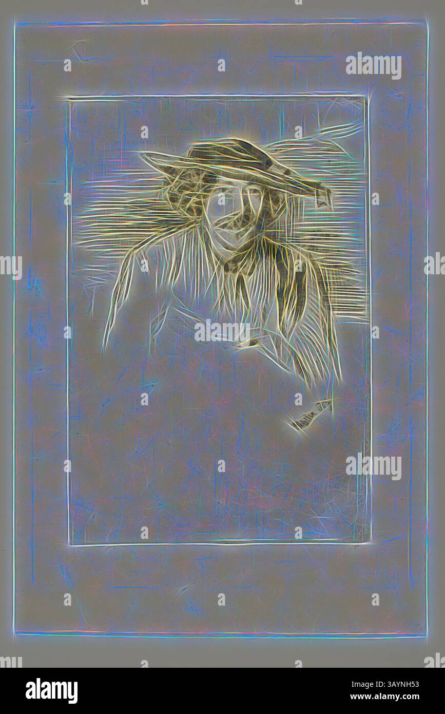 Viene raffigurata una figura con i capelli lunghi e un cappello a tesa larga, circondata da linee sottili che suggeriscono movimento e consistenza. Lo sfondo presenta una serie di striature orizzontali che creano un contrasto dinamico con il soggetto. Whistler With a Hat, 1859, James McNeill Whistler, americano, 1834-1903, Stati Uniti, Drypoint in inchiostro nero su carta panna posata scolorita a buff, 225 x 151 mm (piatto), 306 x 207 mm (foglio) Arte classica con un tocco moderno reinventata da Artotop Foto Stock