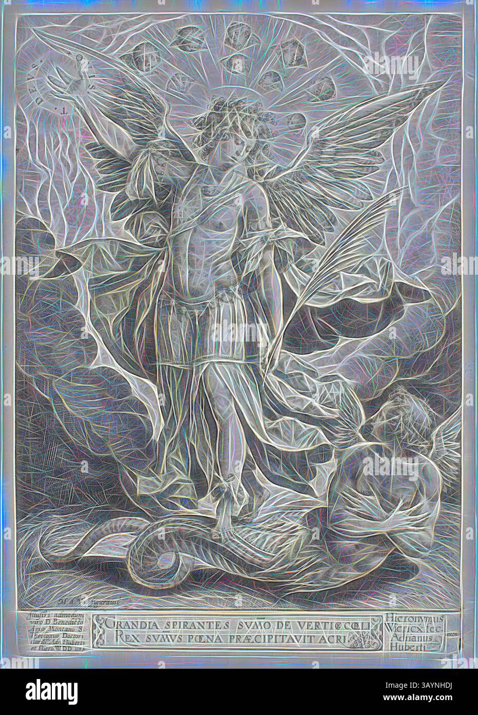 Una figura celeste con grandi e intricate ali si erge in piedi, emanando un senso di autorità divina. La figura regge un oggetto simbolico circondato da elementi che suggeriscono sia serenità che potenza, trasmettendo un messaggio di protezione e guida. I motivi decorativi esaltano l'atmosfera eterea, creando una scena ricca di significato e simbolismo. San Michele trionfò sul drago, 1584, Jerome Wierix (fiammingo, 1553-1619), dopo Martin de Vos (fiammingo, 1532-1603), Fiandre, incisione in nero su carta posata avorio, 291 x 202 mm (immagine/piatto), 300 x 214 mm (foglio) Arte classica con un moderno Foto Stock