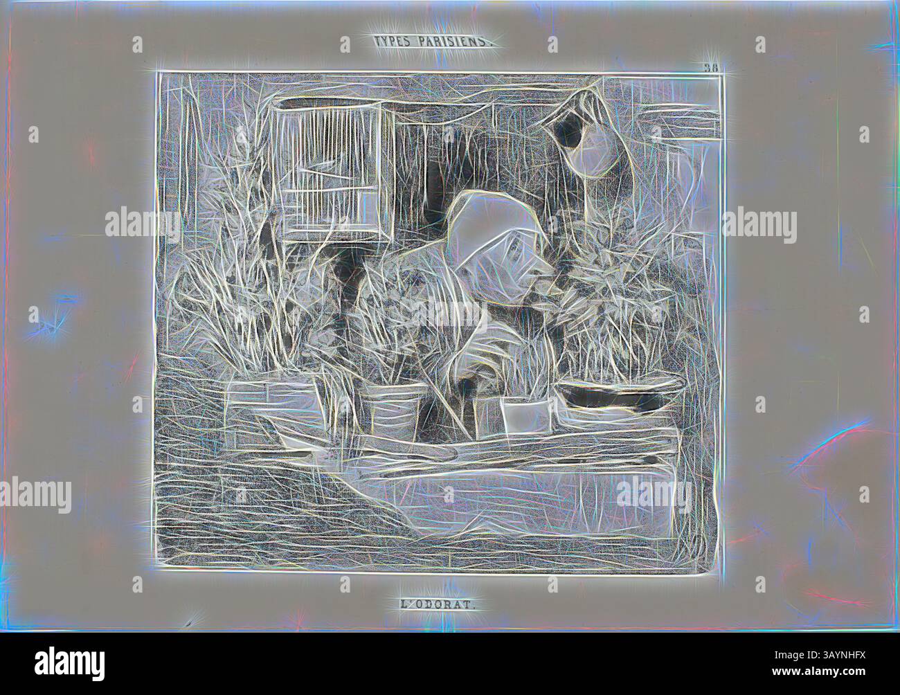 Una persona siede a un tavolo circondato da piante, profondamente concentrato sul proprio lavoro. Gli intricati dettagli dell'ambiente si fondono con gli elementi naturali, creando un'atmosfera contemplativa che evoca un senso di dedizione tranquilla. Odore, piatto 38 da tipi Parisiens, 1839, Honoré Victorin Daumier, francese, 1808-1879, Francia, litografia in nero su carta tessuta bianca, con letterpress verso, 201 x 229 mm (immagine), 253 x 358 mm (foglio) Arte classica con un tocco moderno reinventata da Artotop Foto Stock