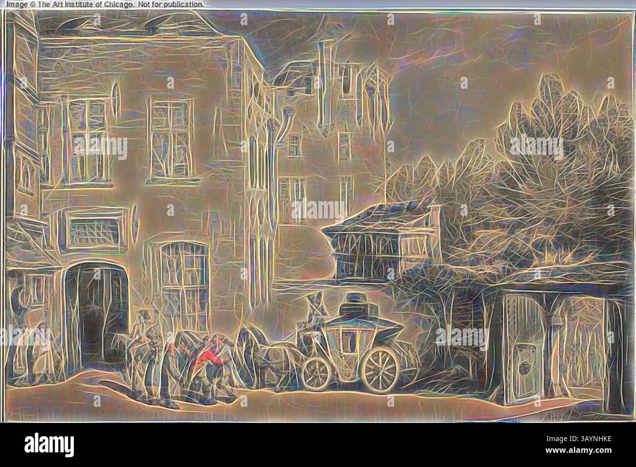 Una vivace scena di strada raffigura persone impegnate in varie attività vicino a un edificio, con una carrozza trainata da cavalli di stanza nelle vicinanze. L'atmosfera suggerisce un mix di vita quotidiana e fascino storico, esaltato dalle linee e dalle texture intricate che incorniciano l'ambiente. Post House a Colonia, 1791, Thomas Rowlandson, inglese, 1756-1827, Inghilterra, penna e inchiostro grigio e marrone con pennello e acquerello, su tracce di grafite, su carta tessuta marrone, su carta, 280 x 432 mm arte classica con un tocco moderno reinventata da Artotop Foto Stock