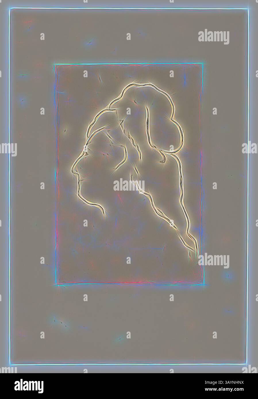 Una silhouette luminosa di profilo classico, elegantemente adornata con un'acconciatura che suggerisce un significato storico, circondata da un bordo leggermente illuminato. Profilo di Eva Gonzales, girato a sinistra, 1870, Édouard Manet, francese, 1832-1883, Francia, incisione con tonalità piatto in nero su carta panna posata, 241 x 161 mm (immagine), 241 x 161 mm (piatto), 388 x 257 mm (foglio) Arte classica con un tocco moderno reinventato da Artotop Foto Stock