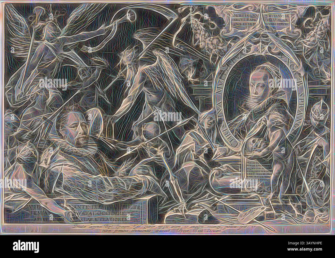 Una scena drammatica con figure eteree ed elementi simbolici, intrecciando temi di vita, morte e introspezione. La figura centrale appare contemplativa, circondata da angeli ed esseri ultraterreni, trasmettendo un profondo senso di spiritualità e riflessione. Ritratto di Bartolomeo Spranger con Allegoria della morte di sua moglie, Christina Müller, 1600, Egidio Sadeler, fiammingo, c. 1570-1629, Olanda, incisione con incisione in nero su carta posato avorio, 293 x 416 mm (immagine/foglio, rifilato all'interno del segno della targa) Arte classica con un tocco moderno reinventato da Artotop Foto Stock Una scena drammatica con figure eteree ed elementi simbolici, intrecciando temi di vita, morte e introspezione. La figura centrale appare contemplativa, circondata da angeli ed esseri ultraterreni, trasmettendo un profondo senso di spiritualità e riflessione. Ritratto di Bartolomeo Spranger con Allegoria della morte di sua moglie, Christina Müller, 1600, Egidio Sadeler, fiammingo, c. 1570-1629, Olanda, incisione con incisione in nero su carta posato avorio, 293 x 416 mm (immagine/foglio, rifilato all'interno del segno della targa) Arte classica con un tocco moderno reinventato da Artotop Foto Stock