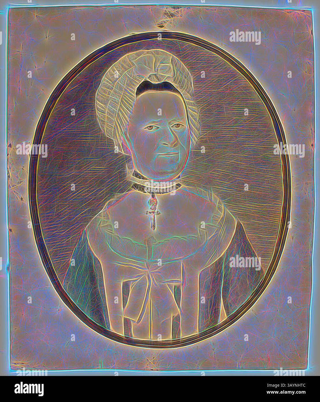 Ritratto di una donna che indossa un abito tradizionale e un cofano, caratterizzato da un'espressione intensa. È adornata da una collana e i suoi capelli sono stilizzati sotto il cofano, aggiungendo al suo aspetto dignitoso. Lo sfondo presenta una cornice leggermente arrotondata che migliora la messa a fuoco sul viso. Ritratto di una donna, n.d., artista sconosciuto, inglese, XVIII secolo, Inghilterra, acquerello e grafite su carta, arte classica 350 x 290 mm con un tocco moderno reinventata da Artotop Foto Stock