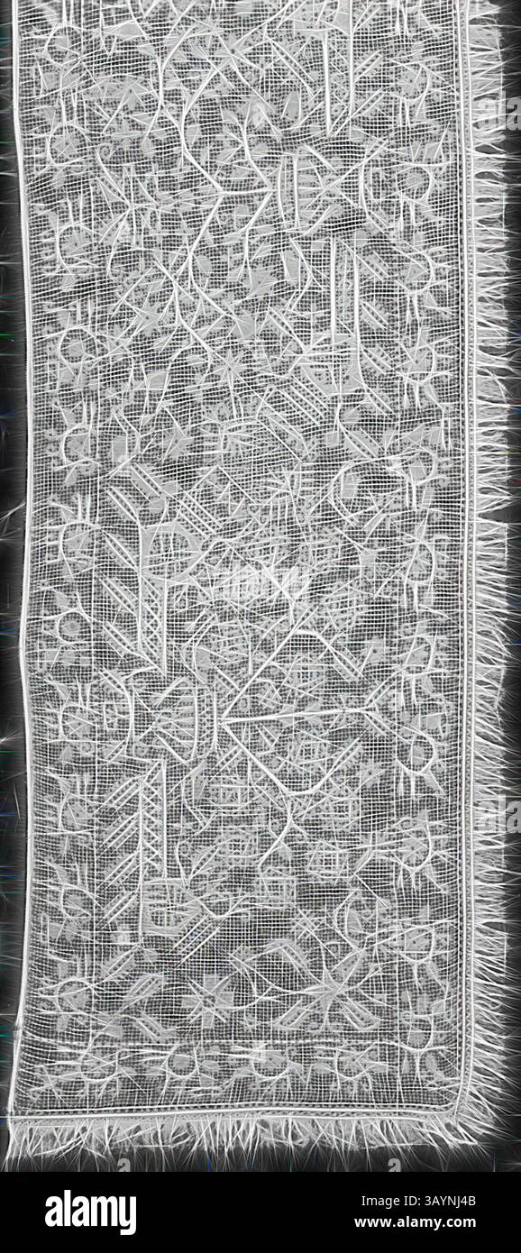 Un tessuto splendidamente intricato caratterizzato da motivi floreali e motivi geometrici, delimitato da delicate frange. Confine (da un panno altare), XIX secolo, Italia, 442,2 x 38,8 cm (174 x 15 1/4 poll.) Arte classica con un tocco moderno reinventata da Artotop Foto Stock