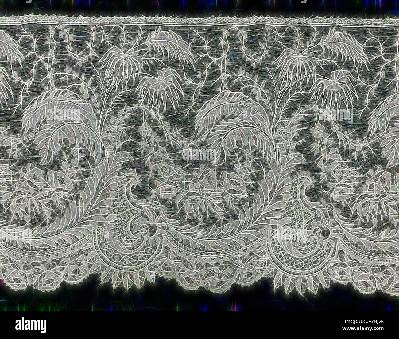 Intricato motivo in pizzo caratterizzato da delicati motivi floreali e a foglia, sfoggia un design elegante con dettagli raffinati e curve graziose. Flounce, 1860s, Belgio, Belgio, cotone, pizzo ad ago di un tipo conosciuto come 'Point de Gaze arte classica con un tocco moderno reinventato da Artotop Foto Stock