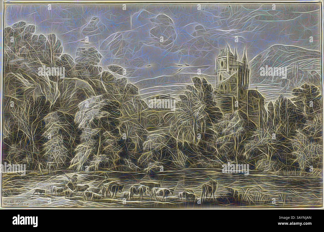 Un tranquillo paesaggio presenta una torre storica che sorge tra alberi lussureggianti, con dolci increspature in primo piano che riflettono il tranquillo paesaggio. L'interazione di luci e ombre migliora la qualità onirica della scena, invitando la contemplazione e la pace. Paesaggio con bestiame, n.d., Jacob Cornelis Ploos van Amstel (olandese, 1726-1798), dopo Jan Van Der Meer (olandese, 1656-1705), Paesi Bassi, Stampa su carta Arte classica con un tocco moderno reinventata da Artotop Foto Stock