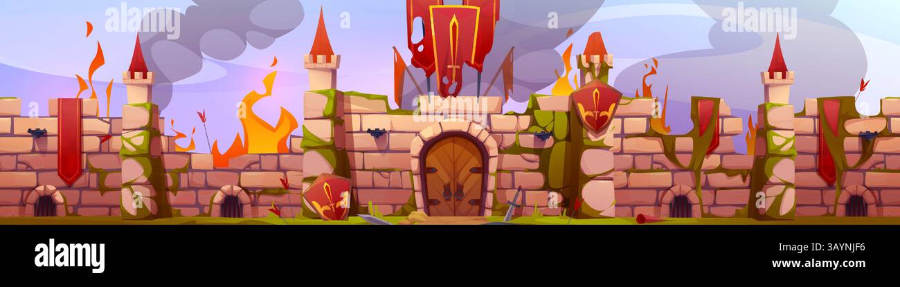 Mura medievali del castello incendiate durante la battaglia, fortezza distrutta in fiamme. Torri di pietra incrinate, cancello ad arco, fiamme arancioni. Rovine fumanti della scena di distruzione di guerra fantasy kingdom per un livello di gioco storico. Illustrazione Vettoriale