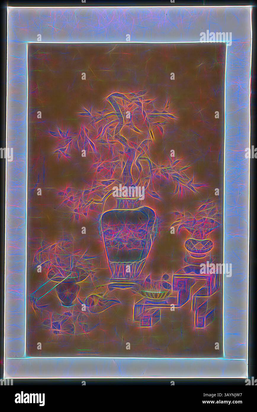 Un vaso decorativo con una vibrante disposizione di piante, circondato da piatti eleganti e motivi intricati, che creano un'atmosfera serena e artistica. Hanging Scroll (tessuto per arredamento), Qing Dynasty (1644–1911), 1801/50, Cina, tela di seta e fogliame d'oro su laccato, nastro di seta, fessura e nastro singolo a colmo con bordi intrecciati, dettagli verniciati, montaggio: seta, tessuto damascato in raso 4:1, montaggio bordo esterno: seta, trama semplice, involucro esterno: seta trama in tessuto in tela satinata e foglia oro rivestito di seta 6:1 con nastro in brodo di seta tela satinato e tela di seta tela di seta tela di seta tela satinato, tessuto di seta trama di seta 6:1 rivestito di seta Foto Stock