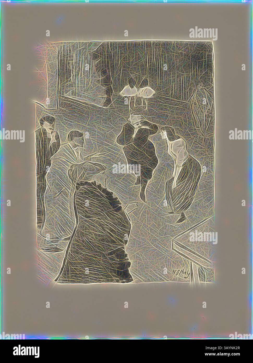 Un gruppo di individui elegantemente vestiti si riunisce in uno spazio poco illuminato, creando un'atmosfera di intrigo e conversazione. Le figure sono un mix di uomini e donne, adornate con abbigliamento formale, mentre lo sfondo suggerisce un ambiente di raffinatezza. Emilienne d’Alenco prova al Folies-Bergère, da le Café-Concert, 1893, Henri-Gabriel Ibels (francese, 1867-1936), stampato da Edward Ancourt & Cie (francese, XIX-XX secolo), pubblicato da l'Estampe originale (francese, 1893-1895), Francia, litografia su carta tessuta crema, 309 x 228 mm (immagine), 428 x 319 mm (foglio) Arte classica con un moderno Foto Stock