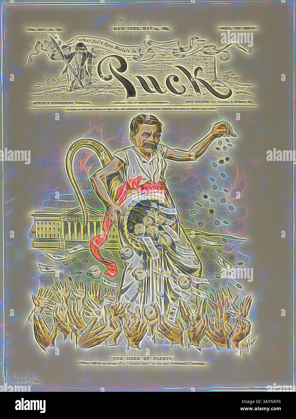 Una persona versa monete e banconote da un grande contenitore, mentre numerose mani si alzano con impazienza dal basso. La scena simboleggia l'abbondanza e la distribuzione della ricchezza, con lo sfondo caratterizzato da una grande struttura. Il titolo "il Corno dell'abbondanza" evidenzia temi di prosperità e generosità. The Horn of Plenty, da Puck, pubblicato il 29 maggio 1889, C. Jay Taylor, American, 1855-1929, Stati Uniti, litografia a colori su carta da giornale, 355 x 265 mm Arte classica con un tocco moderno reinventata da Artotop Foto Stock
