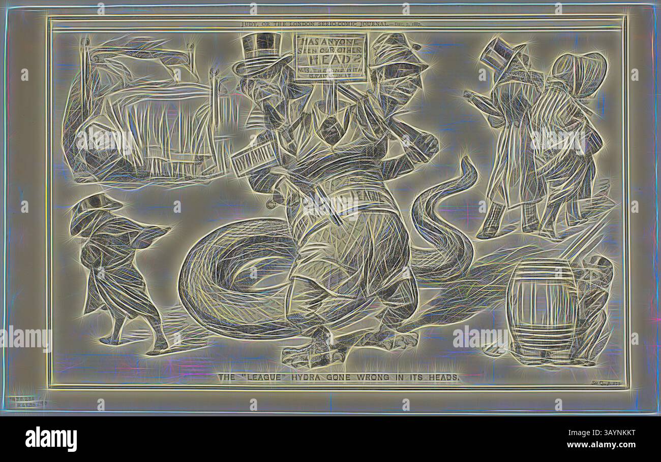 Un'illustrazione satirica che raffigura una scena in cui vari personaggi, tra cui un uomo con un cappello e una grande creatura mitica, si impegnano in un commento su una situazione caotica. Il testo al centro suggerisce che c'è un problema, accennando a temi di follia e confusione. I personaggi e gli elementi circostanti esaltano il tono stravagante ma critico dell'opera. The League Hydras Gone Wrong in ITS Heads, from Judy, pubblicato il 7 dicembre 1887, W. B., probabilmente inglese, XIX secolo, Stati Uniti, litografia su carta da giornale, 278 x 447 mm arte classica con un tocco moderno reinventata da Artotop Foto Stock