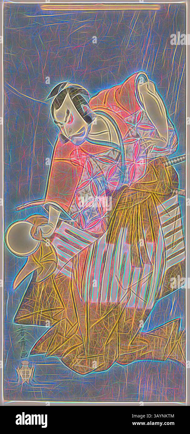 Una scena tradizionale che ritrae una figura in abiti elaborati, coinvolgendo un burattino, mostrando motivi intricati e colori vivaci che evocano un senso di dramma e arte. L'attore Nakamura Nakazo i nel ruolo di Osada no Taro nella commedia IMA o Sakari Suehiro Genji (The Genji Clan Now at its Zenith), c. 1768, Katsukawa Shunsho 勝川 春章, Japanese, 1726-1792, Japan, Color Woodblock print, hosoban, 30,5 x 14,4 cm (12 x 5 11/16 poll.) Arte classica con un tocco moderno reinventata da Artotop Foto Stock Una scena tradizionale che ritrae una figura in abiti elaborati, coinvolgendo un burattino, mostrando motivi intricati e colori vivaci che evocano un senso di dramma e arte. L'attore Nakamura Nakazo i nel ruolo di Osada no Taro nella commedia IMA o Sakari Suehiro Genji (The Genji Clan Now at its Zenith), c. 1768, Katsukawa Shunsho 勝川 春章, Japanese, 1726-1792, Japan, Color Woodblock print, hosoban, 30,5 x 14,4 cm (12 x 5 11/16 poll.) Arte classica con un tocco moderno reinventata da Artotop Foto Stock